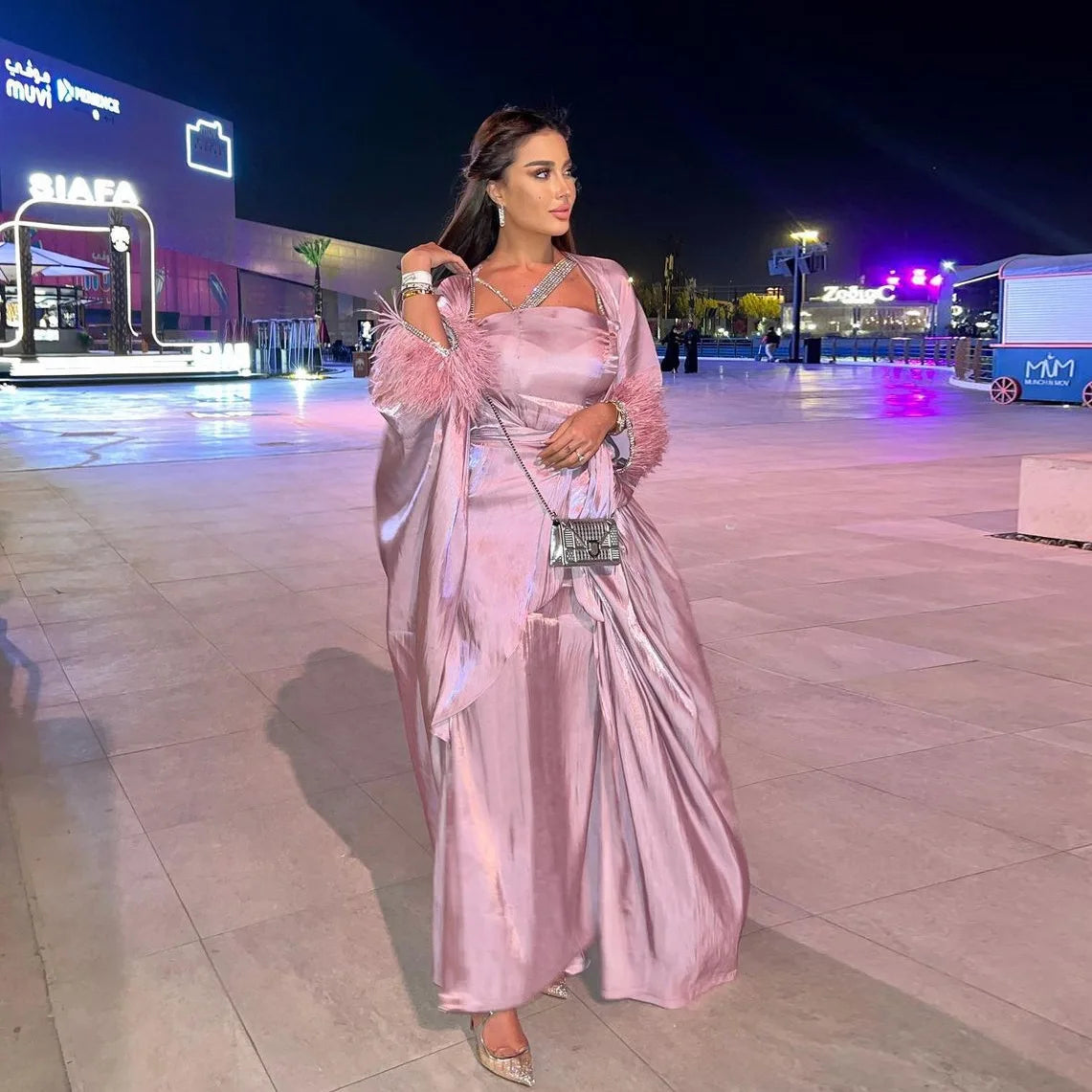 Ramadan Middle East Muslim Women's Feather Hot Diamond Three Piece Dress Islamic Robe