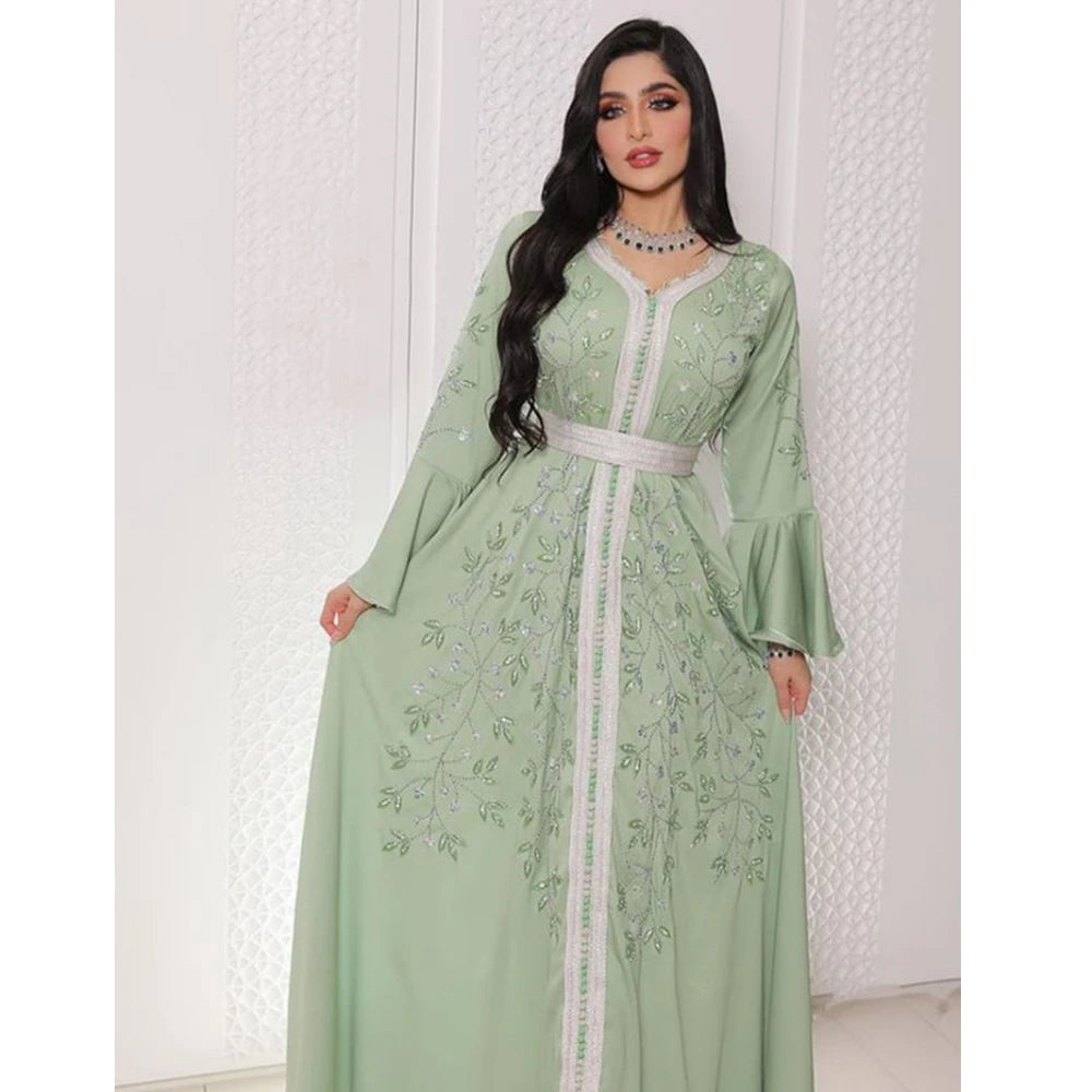 Kaftan Robe Gown Islamic Clothing Maxi Party Abaya Muslim Dress Long Sleeve High Waist Ramadan Caftan