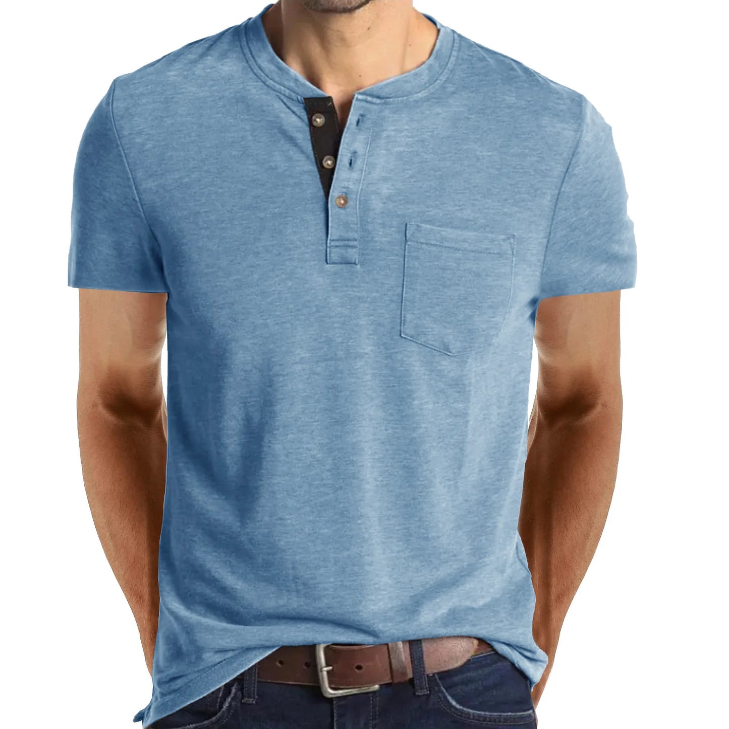 Summer Men's Short Sleeved T-shirts Henley Collar Solid Casual Top Single Breasted Pocket TShirt Soft Comfy Bottoming Shirt