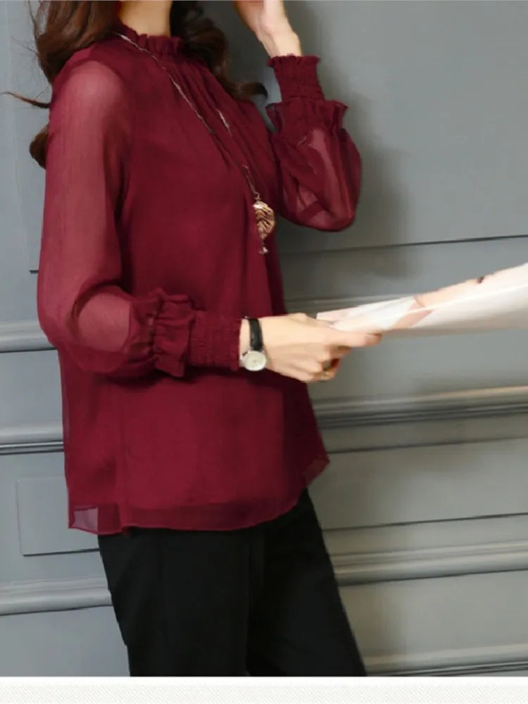 Lace Chiffon Shirt Women's Mesh Ruffled Long Sleeve Fashion Casual Top Shirts Elegant Whiter Green Tops Blouse