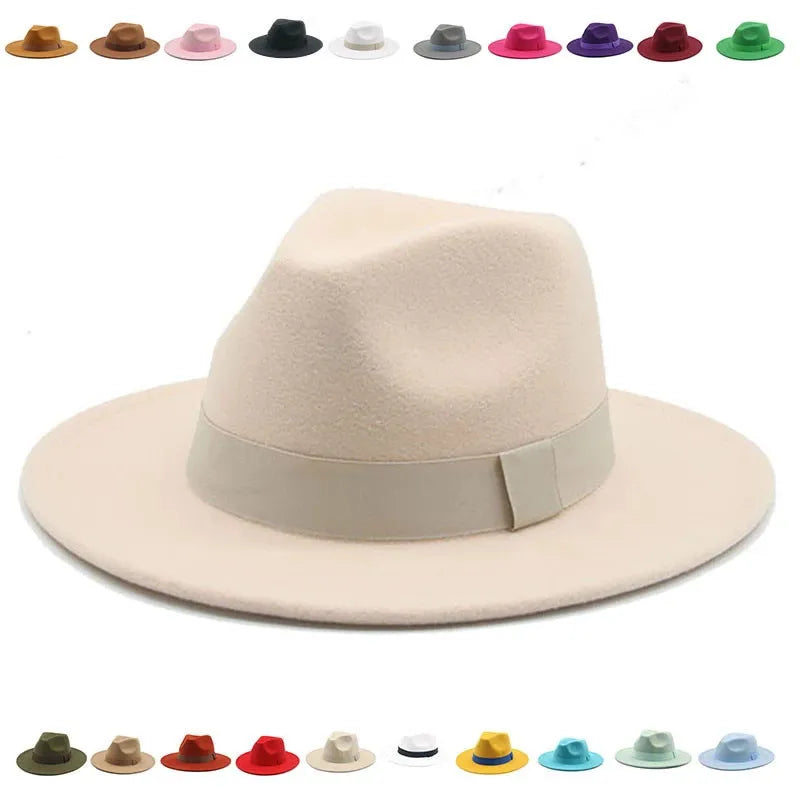 Hat  Winter Hats for Women Ribbon Band Men's Hat Wide Brim Classic Beige Wedding Cap chapeau femme unisex