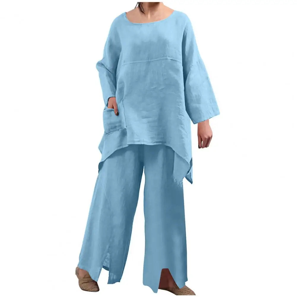 Loose Fit Pants Suit Stylish Women's Top Pants Set with Irregular Hem Wide Leg Trousers Soft Breathable Fabric 2 for Comfort
