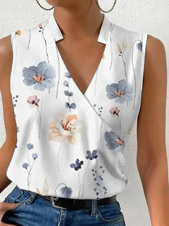 Fashion V-neck Sleeveless Print Women Tops And Blouses Summer Casual White Tank Top Femme Shirt Blouse