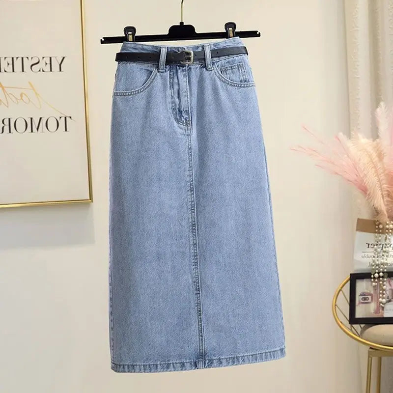 High Waisted Skirt Women's Summer Over The Knee Casual Skinny Denim Skirt Slit Mid-Length Skirt A Line Skirts