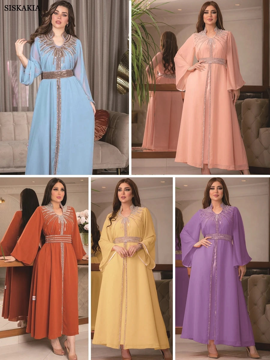 Arab Robe Fashion Middle East Muslim Kaftan Dubai Hot Fix Diamond Party Evening Dresses for Women Notched Stand Collar