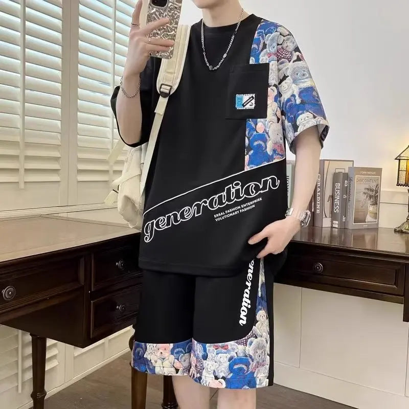 Summer Men's Suit Japan High Street Harajuku Top Shorts Two Piece Set Cool Bear Tee Short Pants Men's Clothing Sports Suit