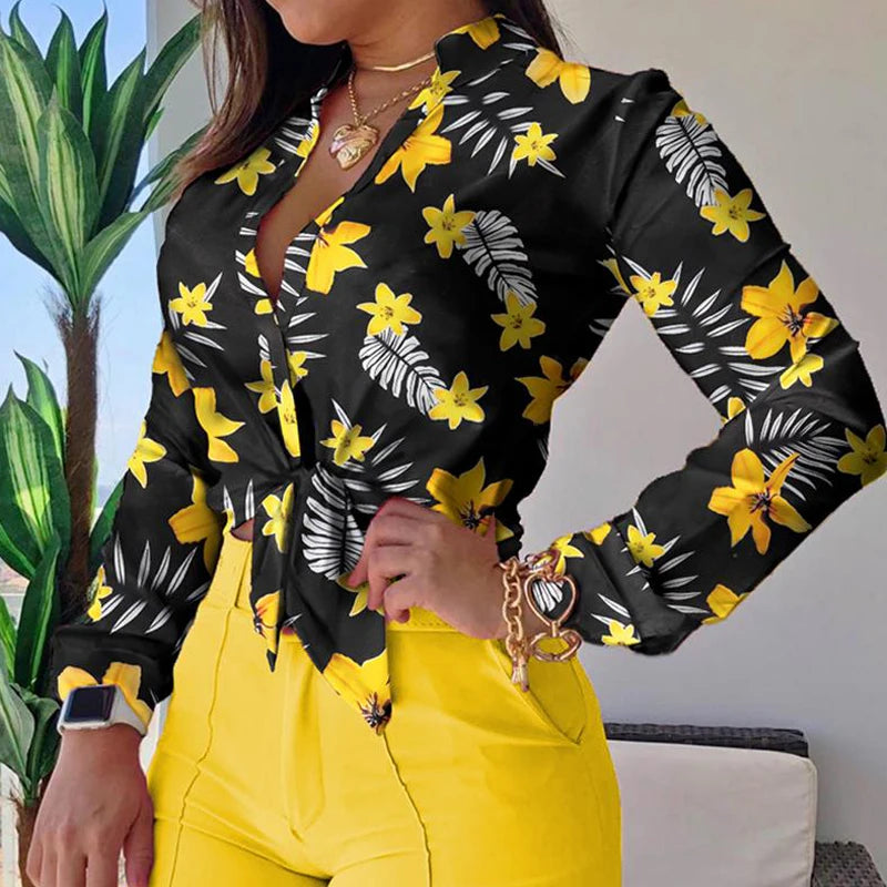 Women Long Sleeve Floral Printed Tie Knot Top Blouse and Shorts Sets Casual Spring Shirts Female