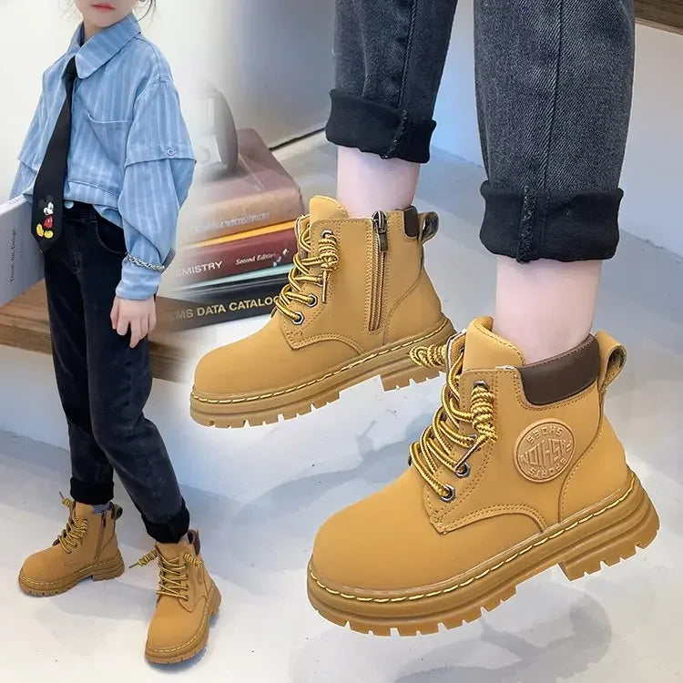 Children Boots Comfortable Khaki Boys Wear-resisting Grey Boots Shoes Girl Student 5 8, 6 Low Tube Zippers 12 Years Old