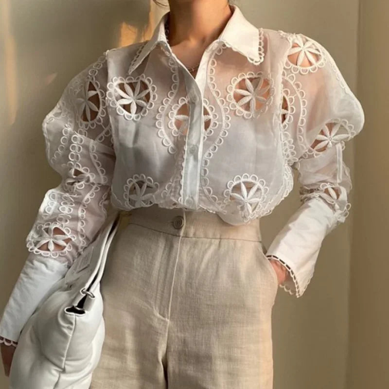 Women's Long Sleeve Floral Embroidery Blouse, Vintage Tops, Loose Casual Blouses