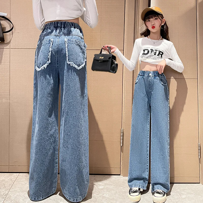 Jeans for Girls Autumn Clothes for Teenagers Solid Loose Kids Wide Leg Pants Fashion Casual Children Trousers