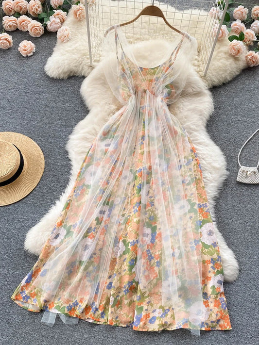 Women  Suspender Skirt Barbed Wire Gauze A-line Skirt Waist Thin and Gentle French Floral Dress  Female