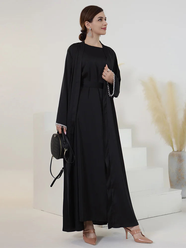 Satin Beading Open Kimono Solid Full Sleeve Sashes Arabic Robe Included Pockets