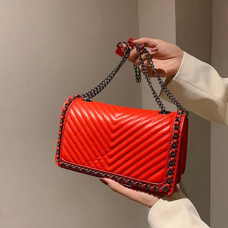 Simple Small Square Bag With Chain Decoration V Embroidery Thread Single Shoulder Crossbody Bag