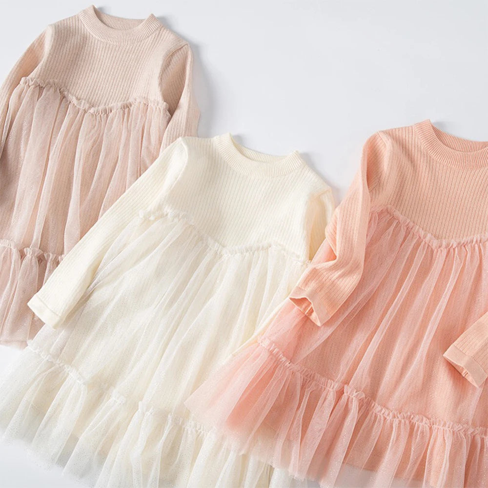 Girls' Dress  Autumn New Girls' Round Neck Knitted Long Sleeve Mesh Splice Dress Children's Fashion Clothing