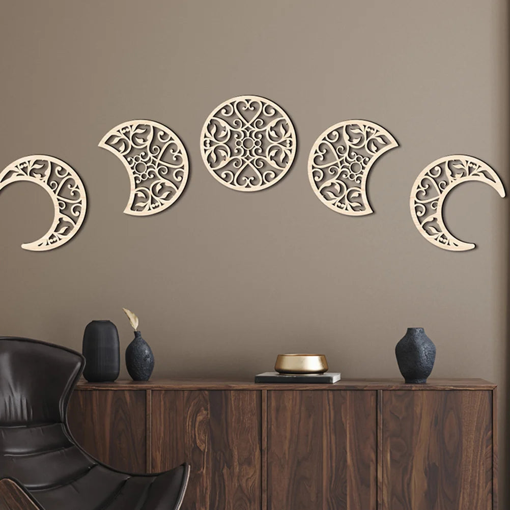 Wall Moon Decor Phase Decoration Wooden Bohemian Wood Hanging Lunar Mandala Nordic Sun Rustic Aesthetic Decorations Farmhouse