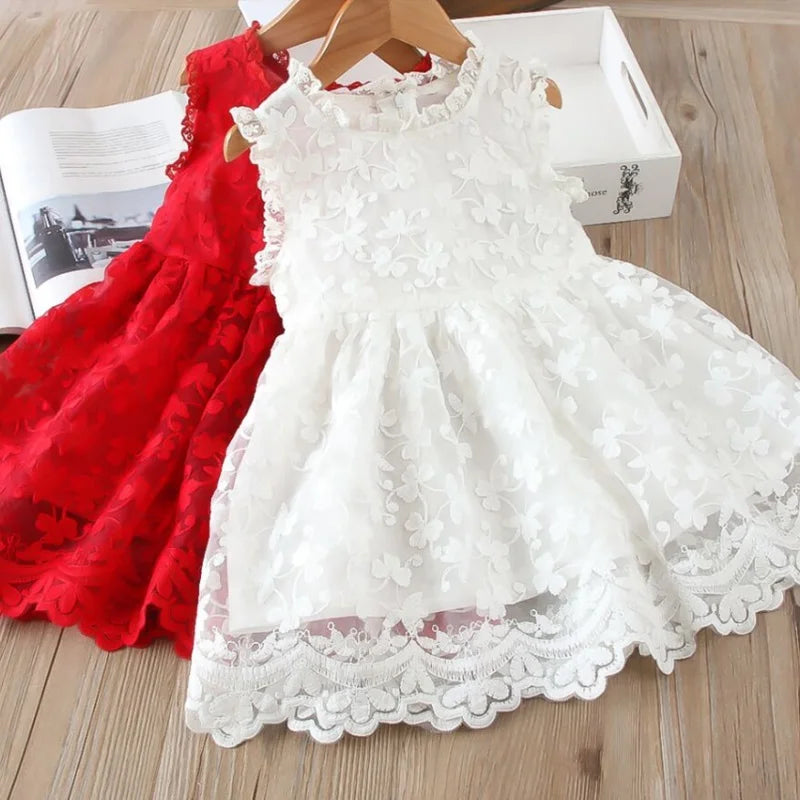 Red Long Sleeve Kids Dresses for Girls Embroidery Elegant Spring Girls Princess Party Dress Flower Lace Children Clothes 3-8 Yrs