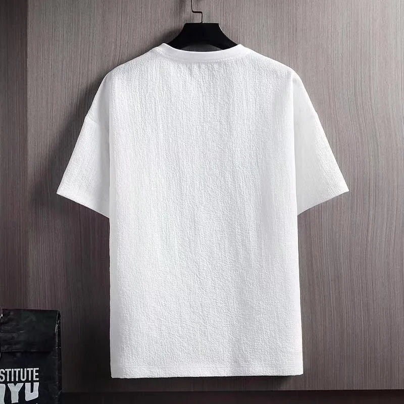 Men's Summer Linen Cotton Short Sleeve T-shirt Solid Loose White Five Point Bottomed Shirt Men Round Neck Tee Tops