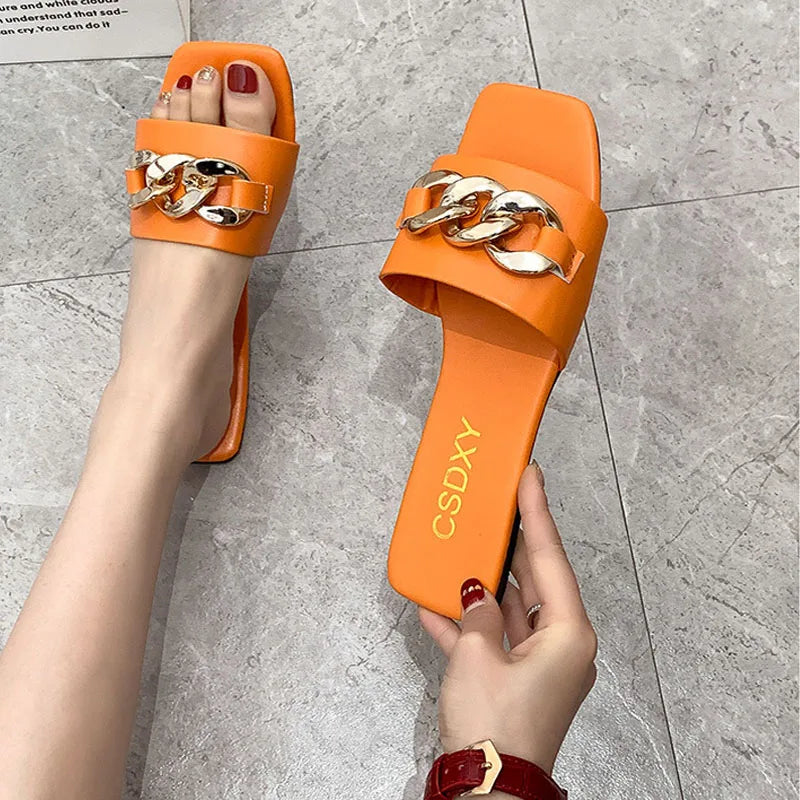 New Fashion Women's Slippers Square Toe Chain Slippers Flat Slide Sandals Beach Flip Flops Metal Decoration Casual Shoes