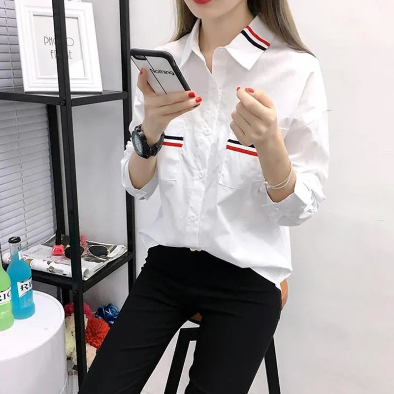 Long Sleeve Loose Turn-down Collar Spring Summer Business Casual Patchwork Pockets Solid Simplicity Blouses Women's Clothing