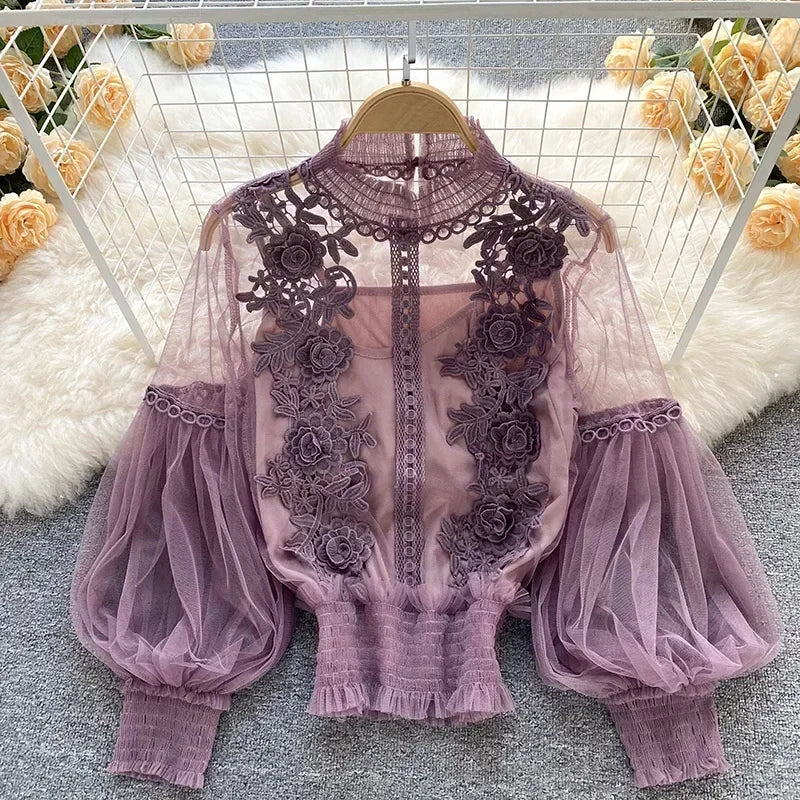 Women Tops Fashion Sexy Sheer Lace Blouse Lantern Sleeve 3D Floral Blouses Shirts Elegant  Tops For Women