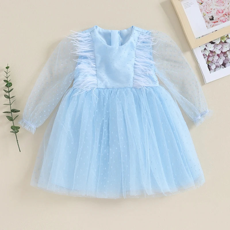 Infant Girl Princess Dress Long Sleeve Feather Trim Mesh Tutu Tulle Elegant Party Autumn Spring Fall Winter Zipper