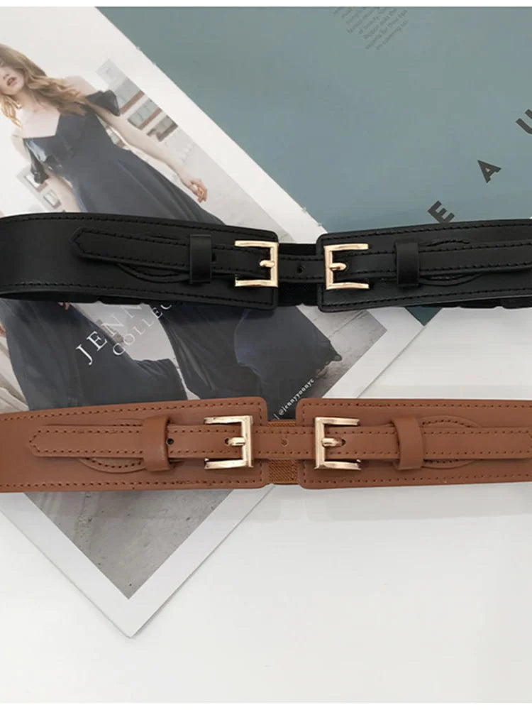 New Elastic Waistband for Women's Decorative Shirt Dress Overcoat Windbreaker Metal Double Button PU Fashion Simple Waist Seal