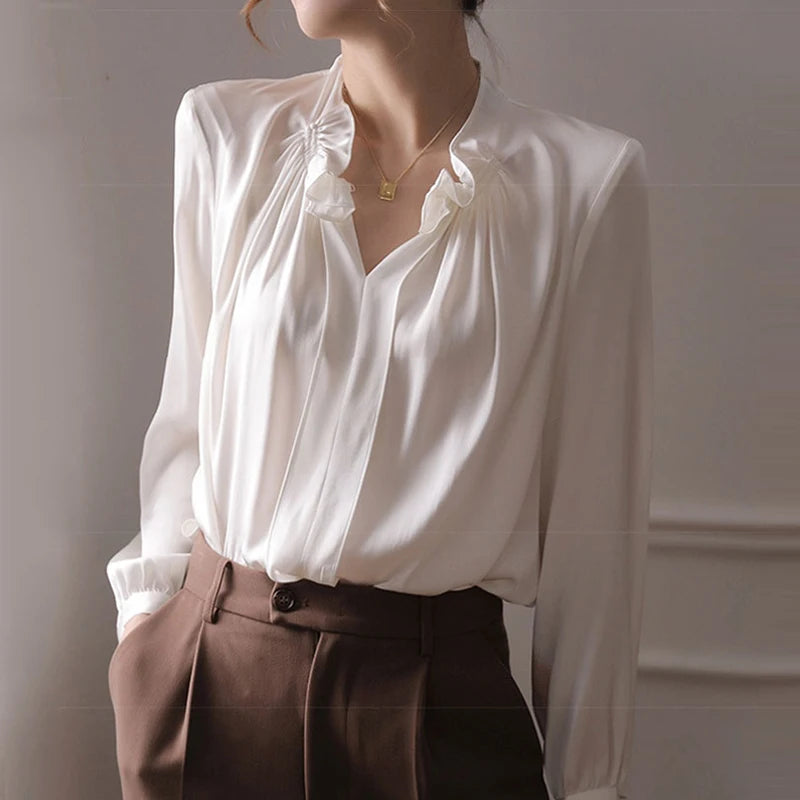 Loose Silk Casual Pleated Long Sleeve Tops Women Long Sleeve Vintage Shirt V-Neck Elegant Satin White Blouse