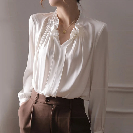 Loose Silk Casual Pleated Long Sleeve Tops Women Long Sleeve Vintage Shirt V-Neck Elegant Satin White Blouse