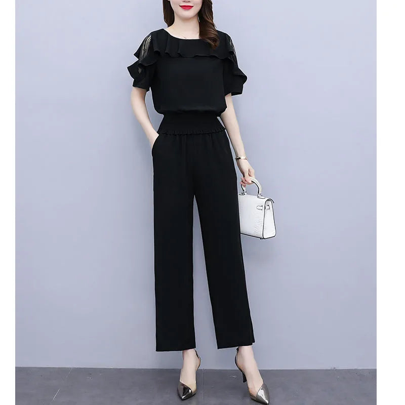 Women 2pcs/set  Plus Size Ruffle Suits Round Neck Waist-in Blouse Elastic Waist Wide Leg Trousers Two Piece Set