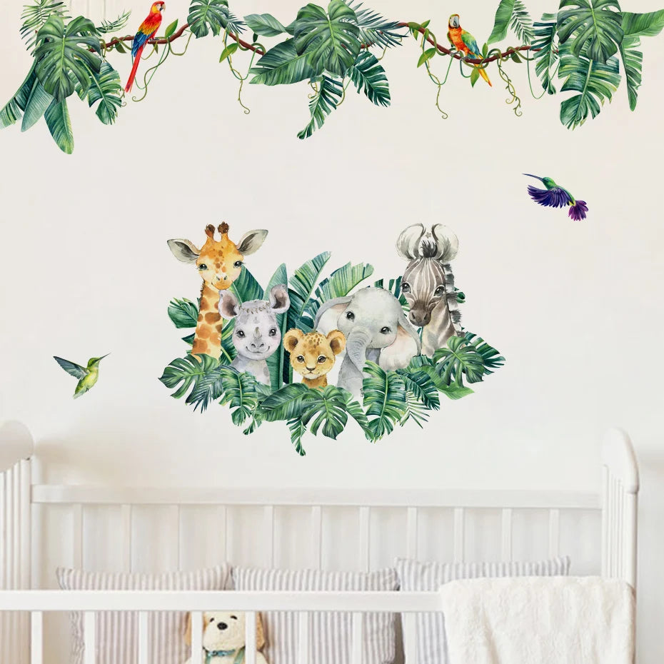 Cartoon Cute African Animals Elephant Lion Leaves Wall Stickers for Kids room Baby Room Decor Home Decor Wall Decals Art Murals home