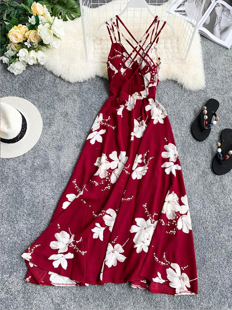 Women Floral Print Long Dress Sexy V-neck Backless Dress Female Elegant Bohemian