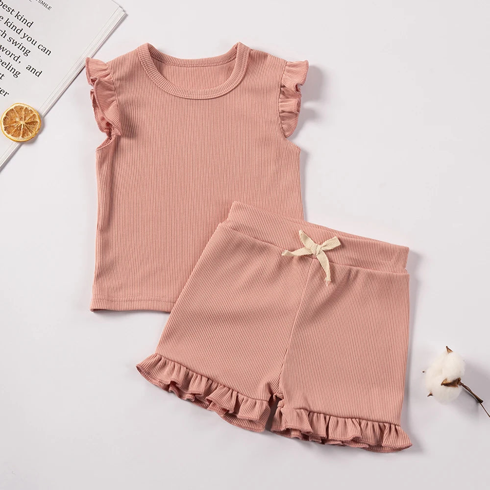 Summer Girls Clothes Sets 2pcs Fly Sleeve T-shirts Ruffle Shorts T-shrits Set Toddler Girl Clothes Suits Sleepwear Kids Clothing girl toddler
