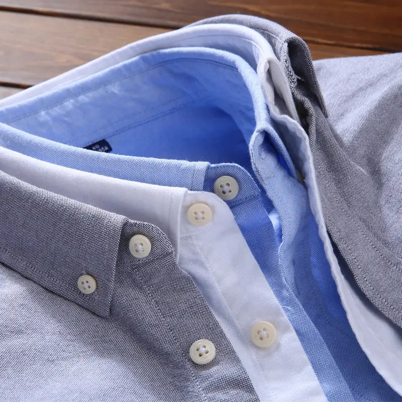 100% Cotton Oxford Shirt Men's Long Sleeve Striped Plaid Casual Shirts Korean Clothes High Quality Business Dress Shirt Grey