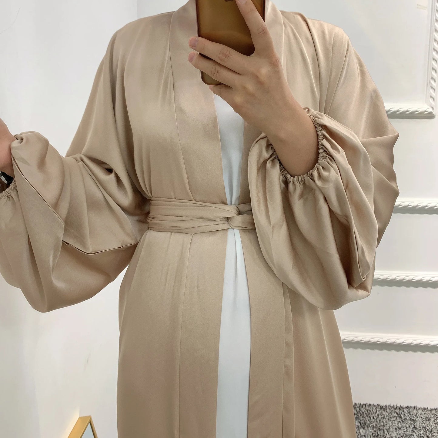 Elastic Cuff Muslim Dress for Women High Quality Polyester Open Abaya With Belt