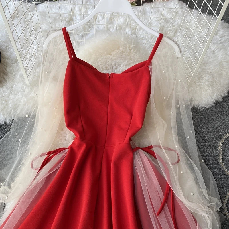Spring Summer Dress Elegant Women Black Red Bandage Mini Dress Puff Sleeve V-neck Mesh Beading A-line Korean Party Vestidos