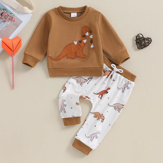 Toddler Boys 2PCS Autumn Fashion Pants Sets Long Sleeve Cartoon Dinosaur Print Sweatshirt and Drawstring Pants Sets
