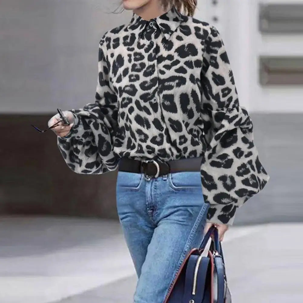Women Lapel Lantern Long Sleeve Shirt Leopard Dot Print Single Breasted Casual Loose Fit Shirt Tops Streetwear
