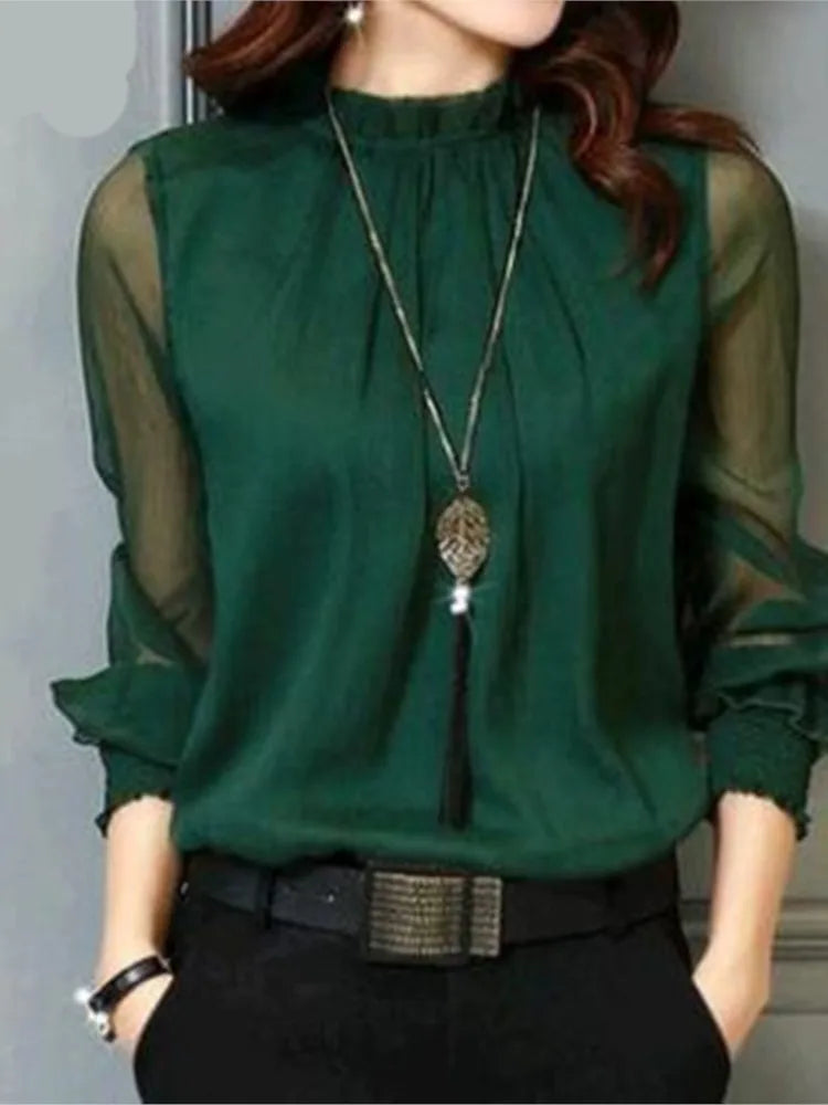 Lace Chiffon Shirt Women's Mesh Ruffled Long Sleeve Fashion Casual Top Shirts Elegant Whiter Green Tops Blouse
