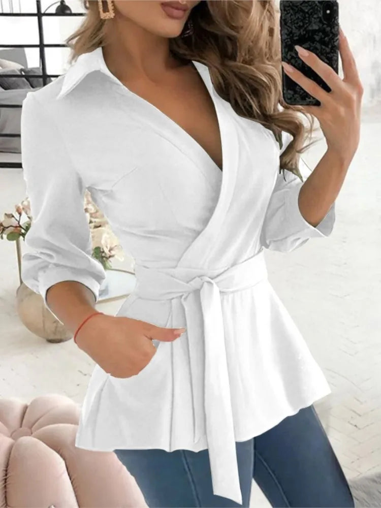 Long Sleeve Print Belt Shirt For Women, Slim Blouses And Tops Shirts Elegant Clothing
