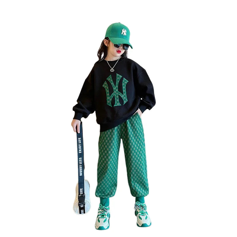 Spring Autumn Active Kids Clothes Girl Cotton Sport Tracksuit Long Sleeve Sweatshirt+Geometric Pant 2Pcs Outfit 6 8 12 14Y