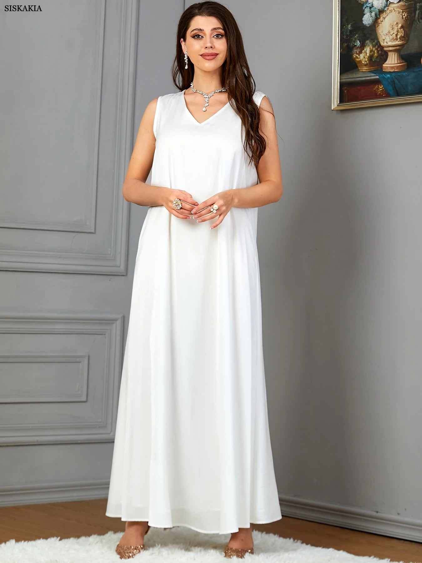 woman Floral Gold Stamping Open Kimono And White Sleeveless Under Dress With Sashes Jalabiyat Robe
