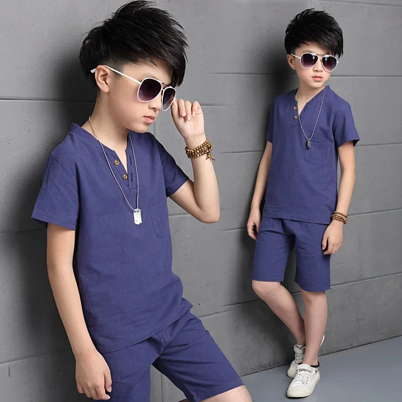 Summer Boys Clothing Set Teenage Kids Tracksuit Cotton Short Sleeve T Shirt + Pants Casual Child Boy Clothes
