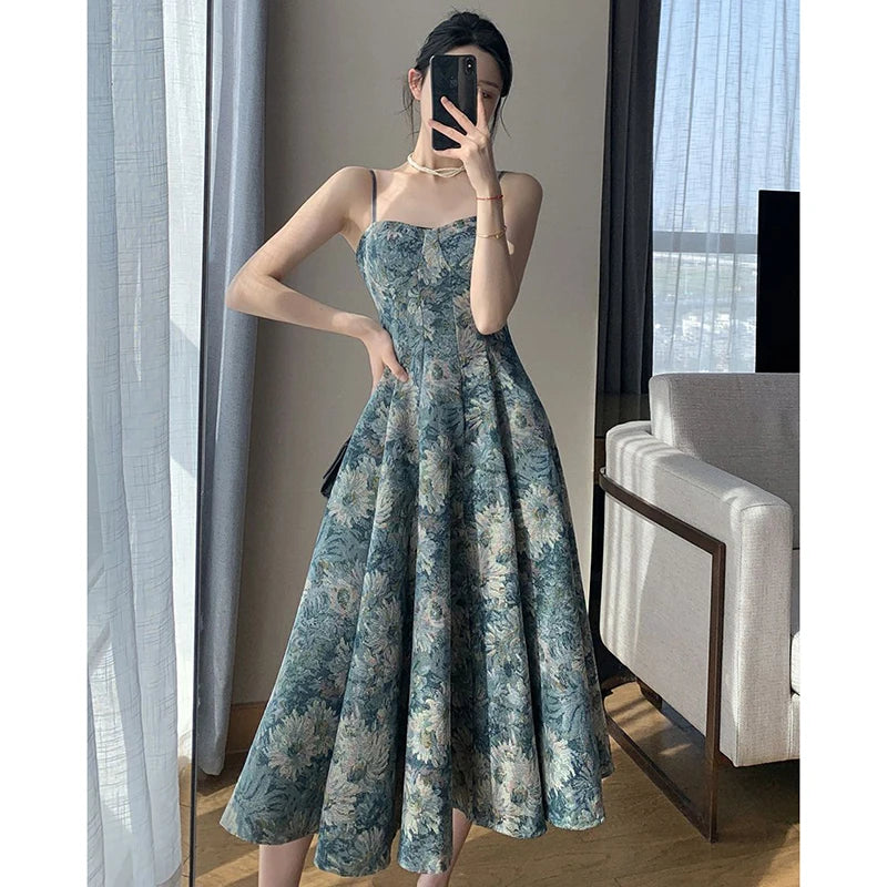 Elegant Floral Dress Women Sexy Sleeveless Strap Midi Dress Korean Casual Slimming Waist Party Camisole Dress Summer New