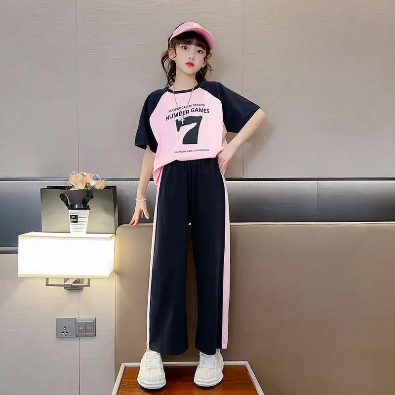 Girls Summer New Fashion Trendy Short Sleeve Suits 4 6 8 10 12 14 Years Youth Teenage Girls Korean Style 2Pcs Tees Clothes