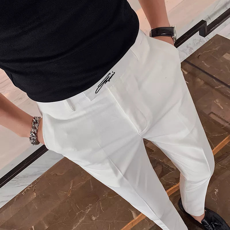 Black White Embroidered Business Formal Pants Men Korean Style Slim Suit Pants High Quality Streetwear Ankle Pants
