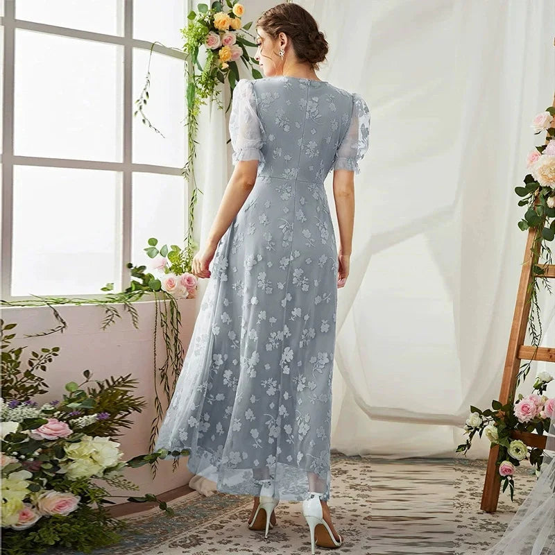 Women Casual Elegant Maxi Dresses  New Summer V-Neck Puff Sleeve Mesh Slim Printed Swing Turkish Evening Party Robe