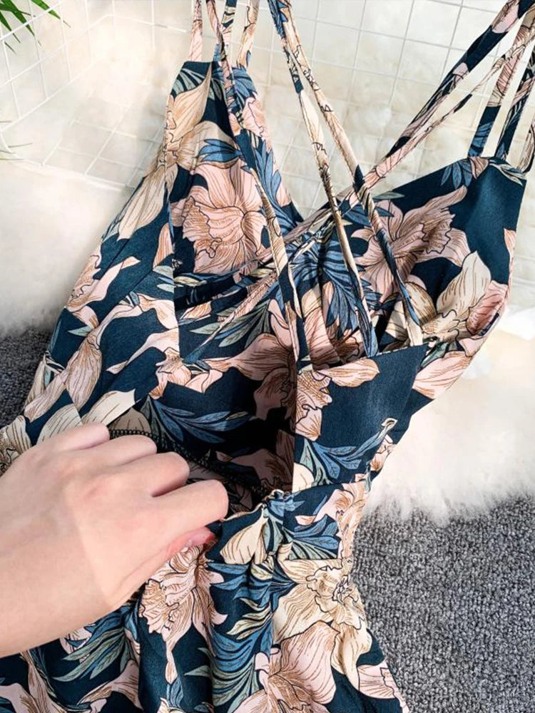 Women Floral Print Long Dress Sexy V-neck Backless Dress Female Elegant Bohemian