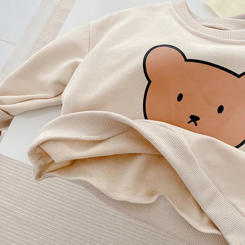 Toddler Boy Casual Bear Pullover Sweatshirts Baby Girl Thin Cute Cartoon Long Sleeves Tops And Solid Cotton Pants 2pc Set