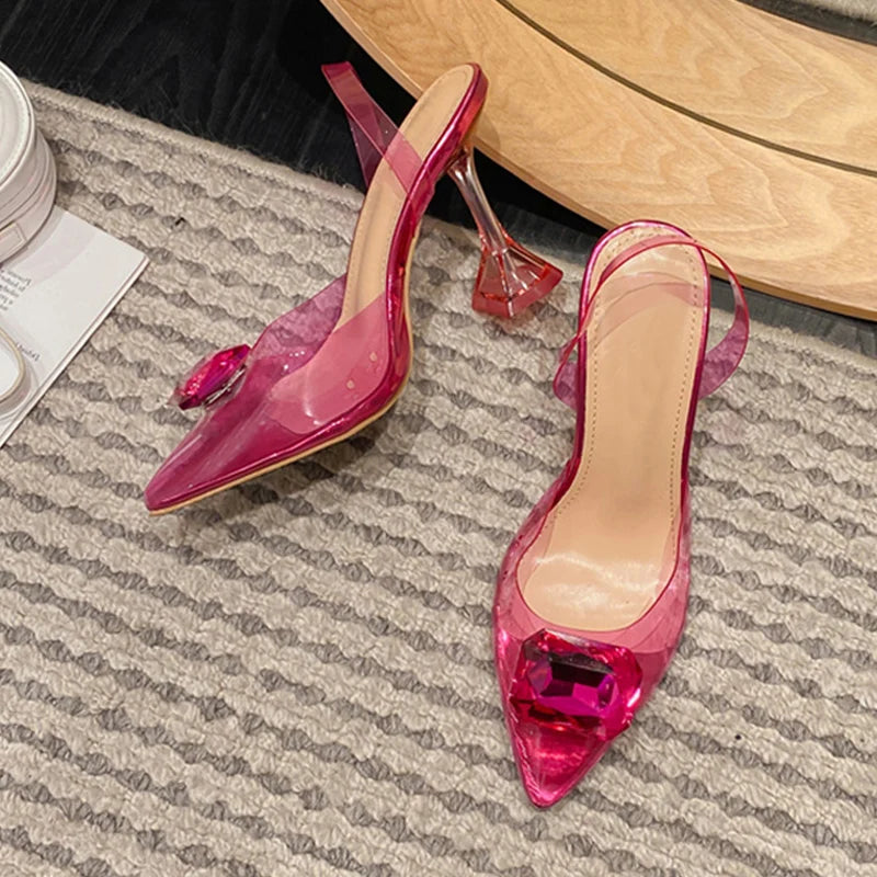 Transparent Shoes For Women Slingback Sandal Fashion Big Diamond Pointed Toe Party Clear High Heels Pumps