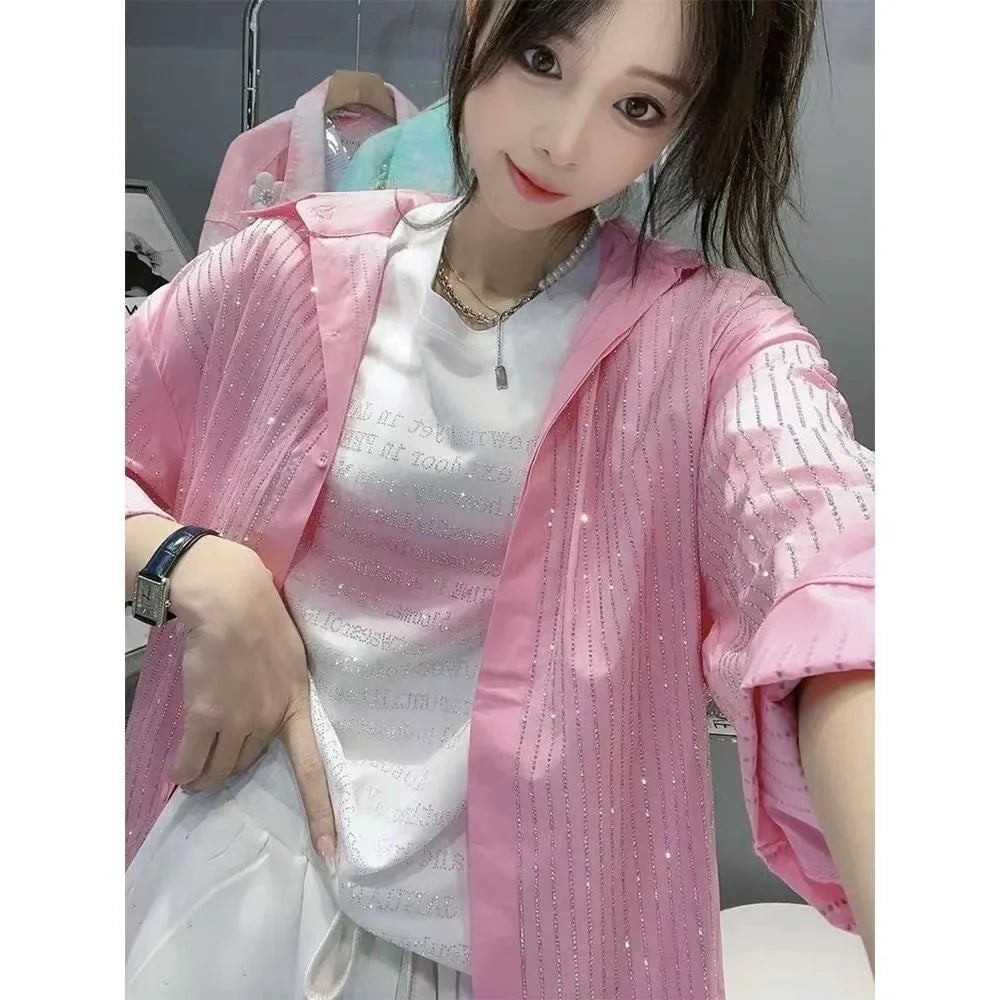 Vertical Stripes Loose Casual Pink Shirts and Blouses For  Women's Long Sleeve Top Blusas